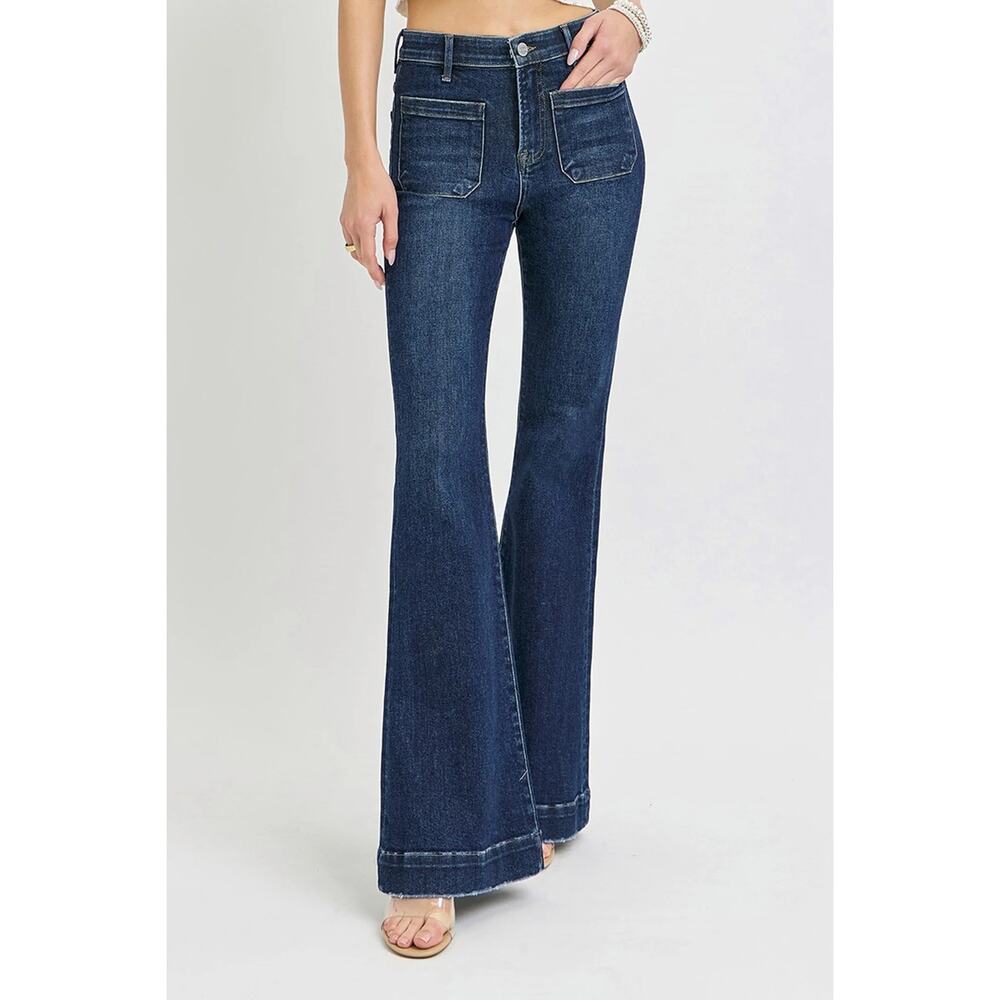 NWT Risen High Waisted Patch Pocket Dark Wash Denim Flare Jeans Blue Womens 1XL